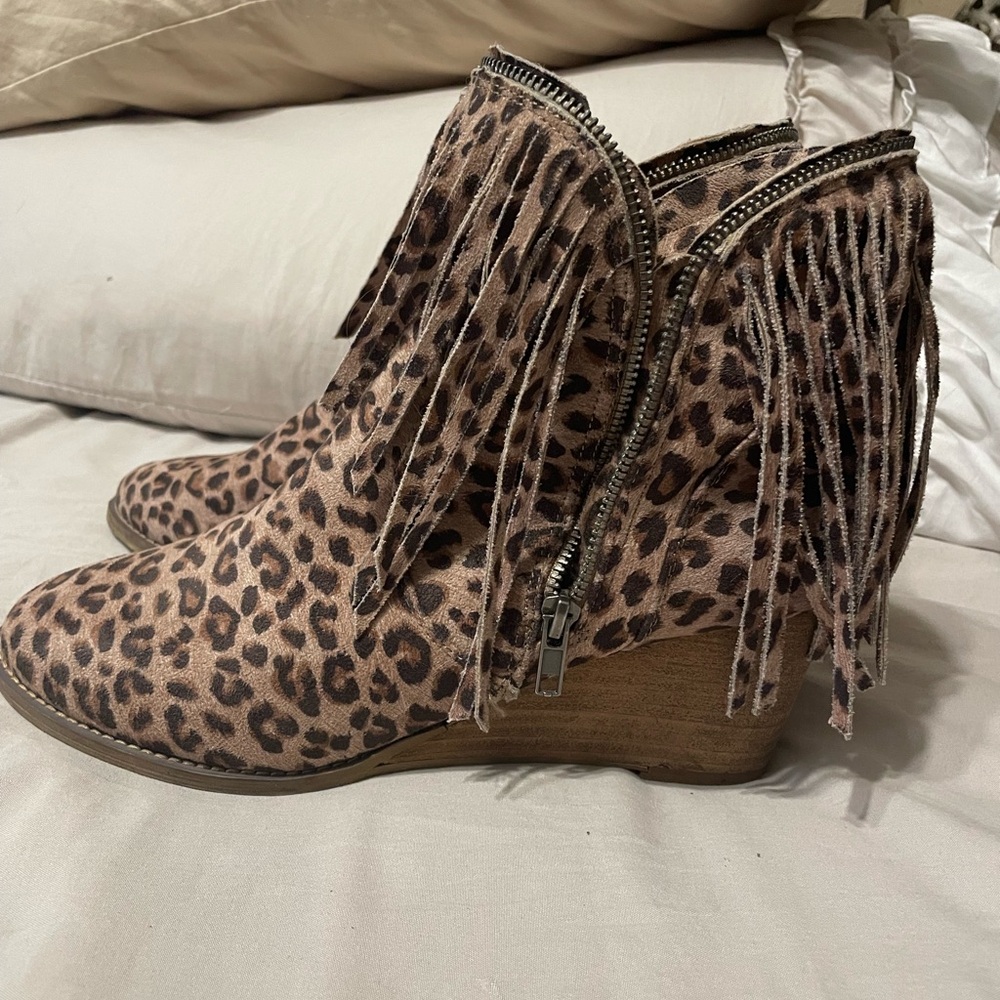 Very G Leopard Fringe Ankle Booties